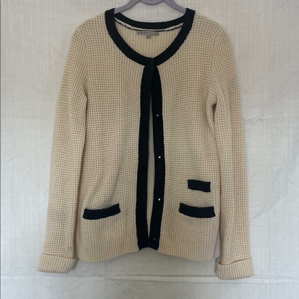 Cream Wool Blend Sz S Knit Cardigan with Black Trim - Women Sweater